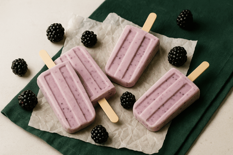 “Blackberry yogurt pops on a ceramic plate with fresh blackberries — simple, seasonal frozen yogurt recipe.”