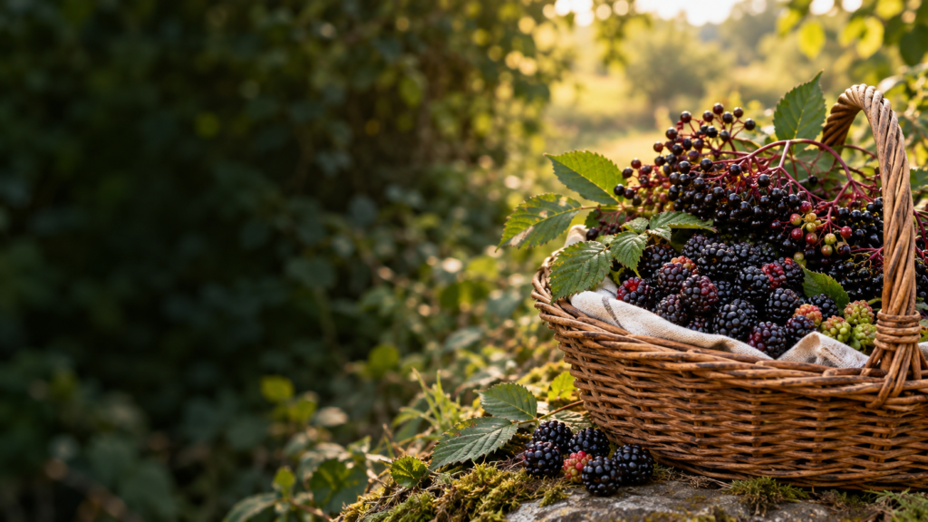 Basket with ripe blackberries and elderberries gathered in August