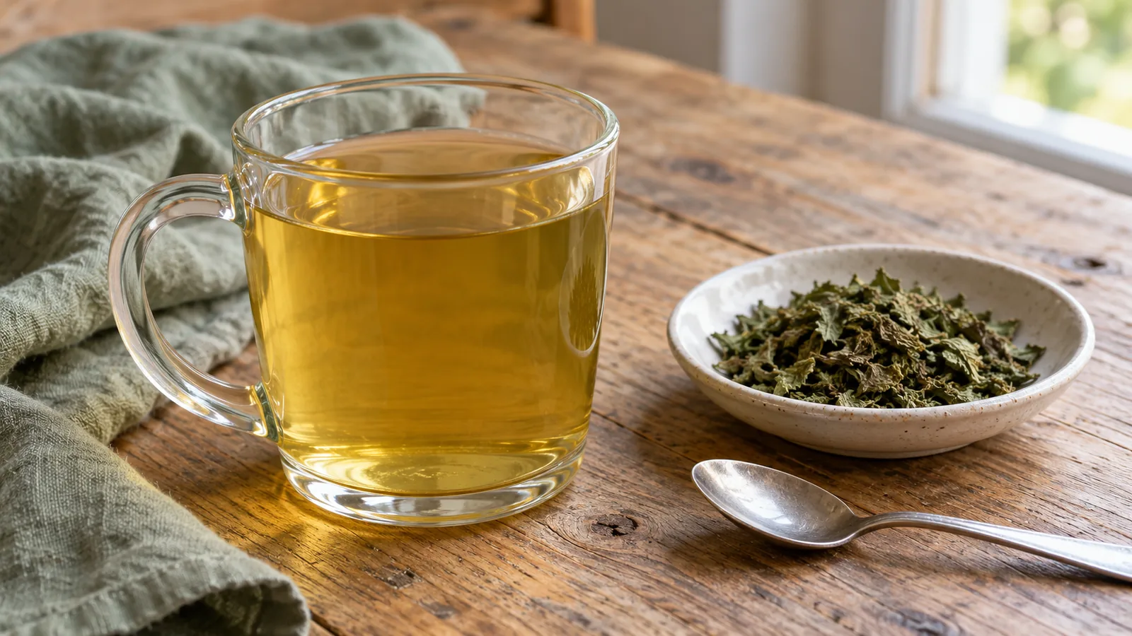 Nettle tea in a glass mug beside a small dish of dried nettle leaves.