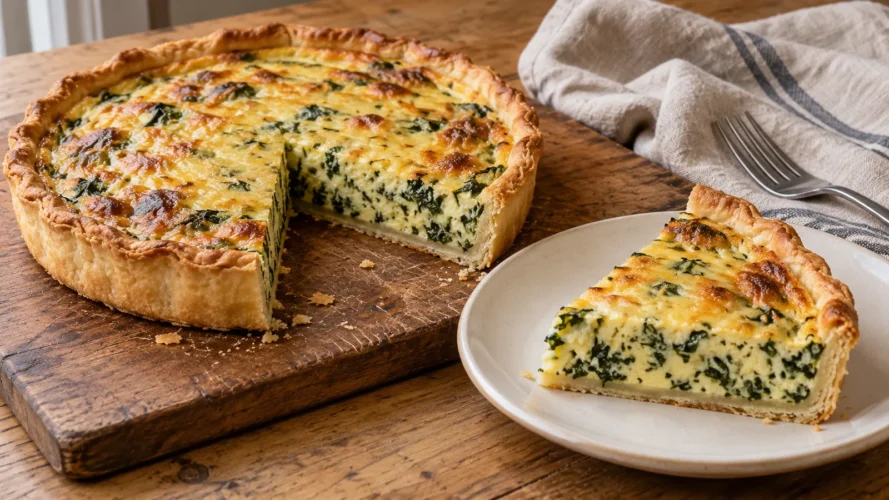 Golden wild green quiche with cheese and cooked leafy greens, with one slice served on a ceramic plate.