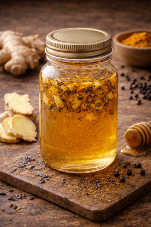 Glass jar with golden honey infused with ginger and turmeric, slightly cloudy, surrounded by fresh ginger root, turmeric pieces, and a wooden spoon with turmeric powder on a rustic surface.