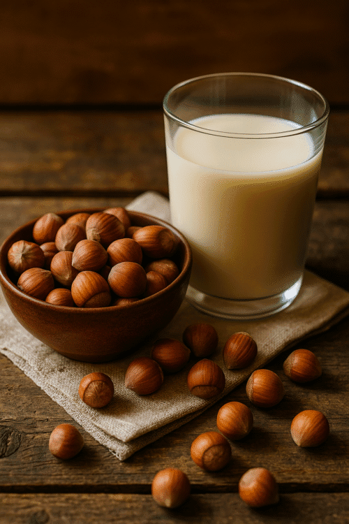 glass of homemade hazelnut milk on table