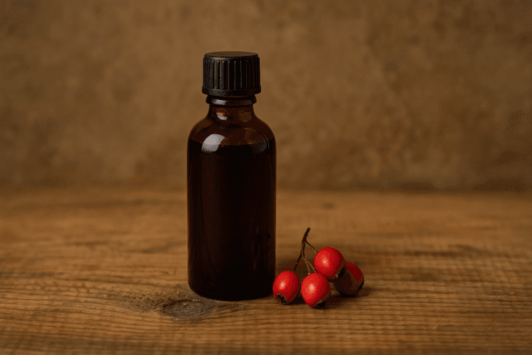 bottle of hawthorn tincture with berries