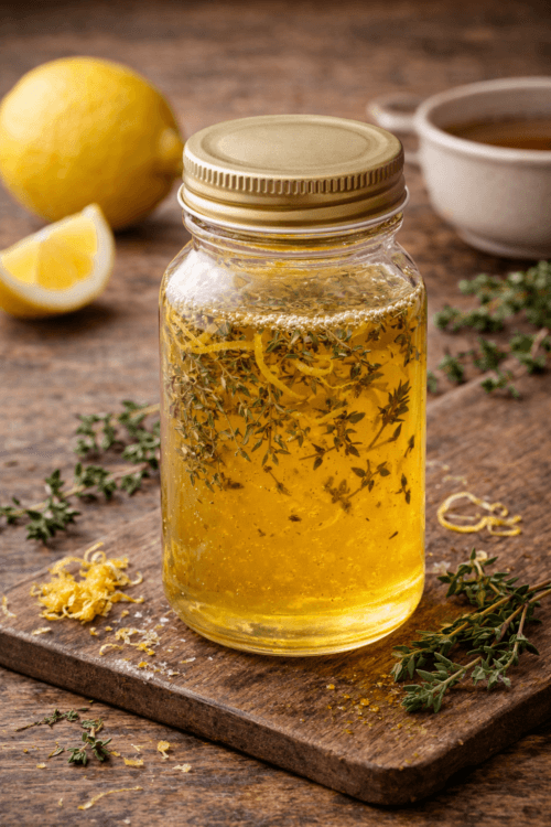 Jar of thyme and lemon honey infusion on a rustic wooden table, with fresh thyme sprigs, a whole lemon, and a strainer beside it.