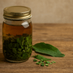 glass jar with plantain leaves infused in apple cider vinegar