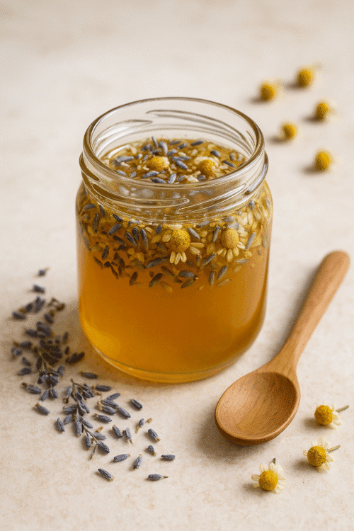 Glass jar of golden honey infused with lavender and chamomile, surrounded by dried lavender buds, chamomile blossoms, and a wooden spoon on a rustic surface.