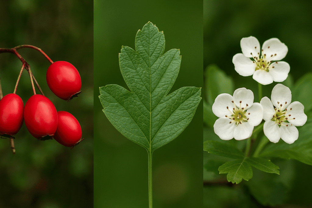 hawthorn berry, leaf and flower