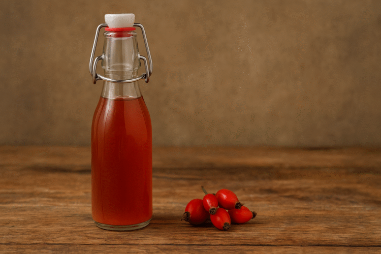 bottle of homemade rosehip syrup