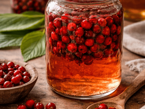 dark glass bottle of hawthorn tincture with berries