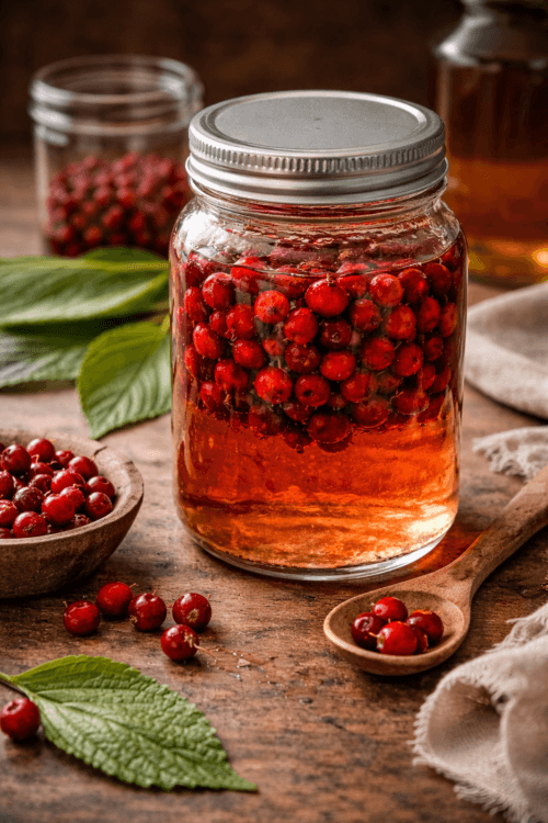 dark glass bottle of hawthorn tincture with berries