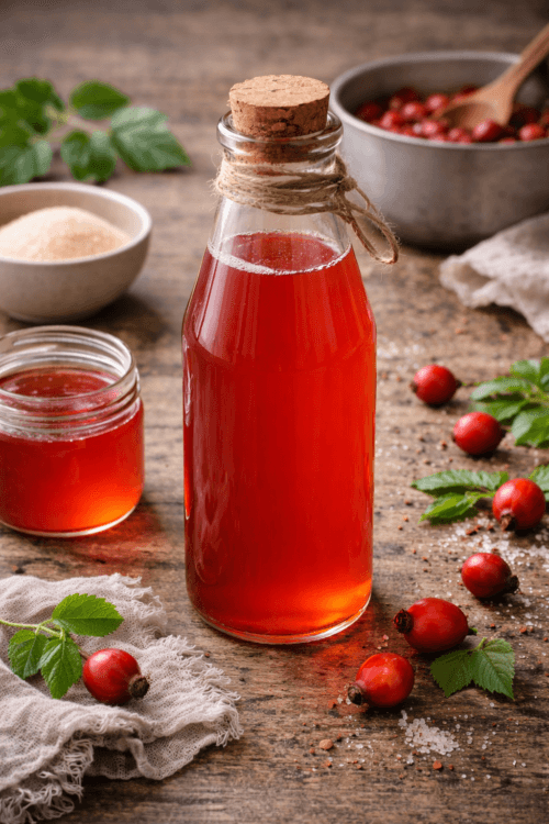 bottle of homemade rosehip syrup