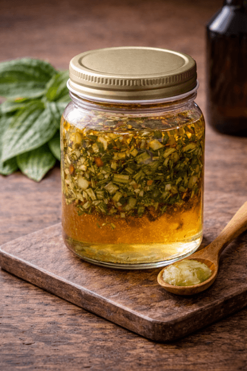 glass jar with plantain leaves infused in apple cider vinegar