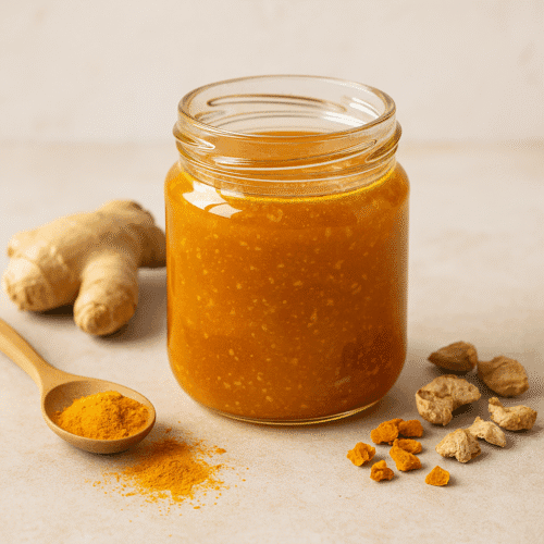 Glass jar with golden honey infused with ginger and turmeric, slightly cloudy, surrounded by fresh ginger root, turmeric pieces, and a wooden spoon with turmeric powder on a rustic surface.