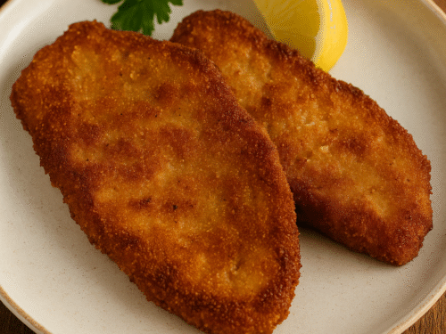 crispy golden puffball schnitzel on a rustic plate