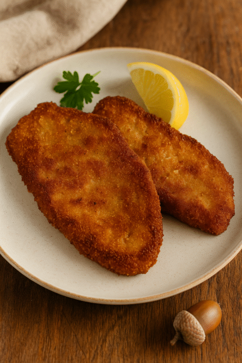 crispy golden puffball schnitzel on a rustic plate