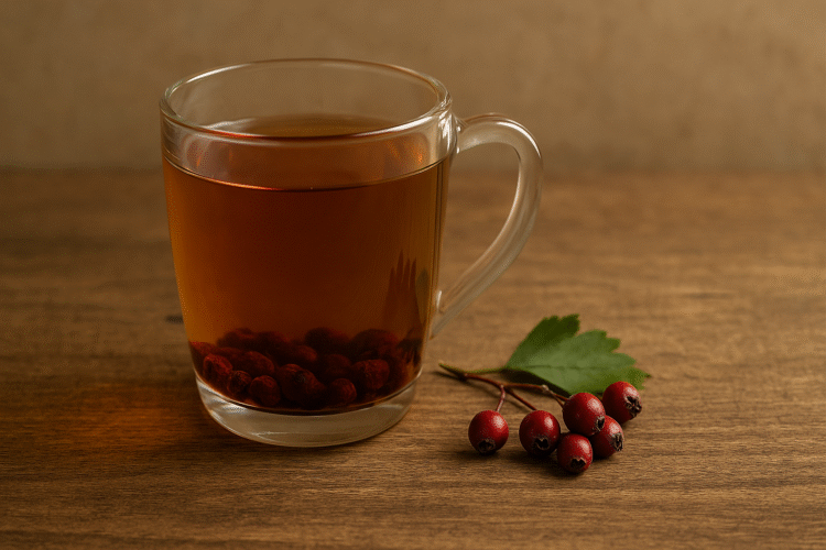 cup of hawthorn tea with berries