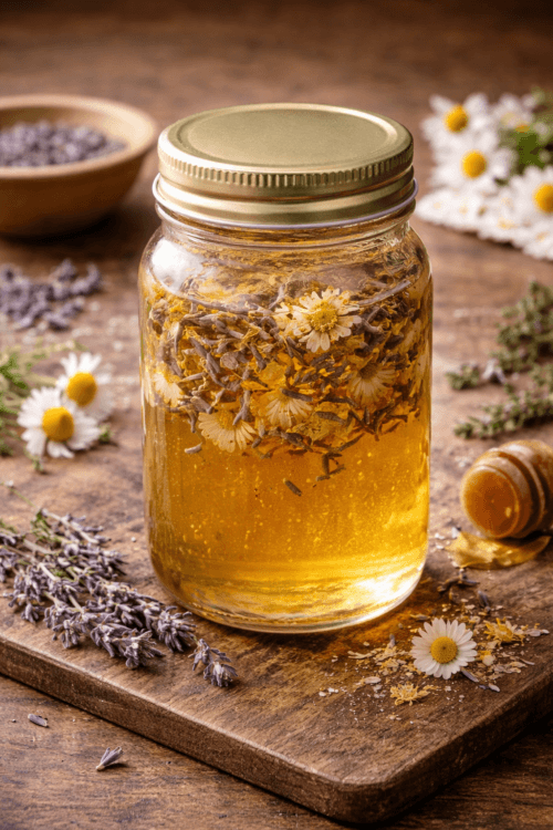 Glass jar of golden honey infused with lavender and chamomile, surrounded by dried lavender buds, chamomile blossoms, and a wooden spoon on a rustic surface.
