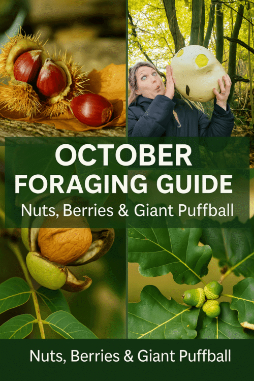 "October Foraging Guide collage with chestnuts, walnuts, acorns, and a giant puffball mushroom – autumn harvest photography"