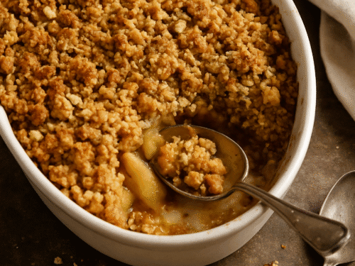 baking dish with golden walnut apple crumble