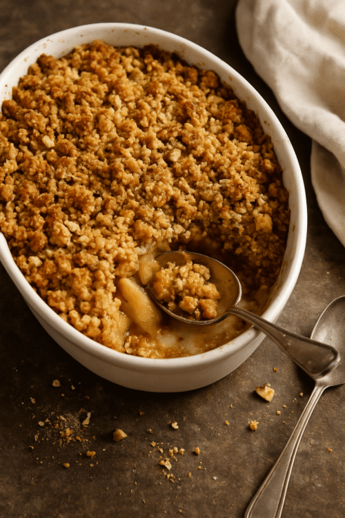 baking dish with golden walnut apple crumble