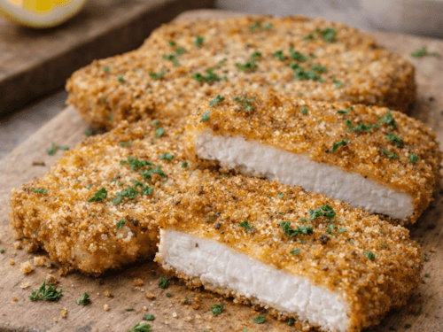 crispy golden puffball schnitzel on a rustic plate