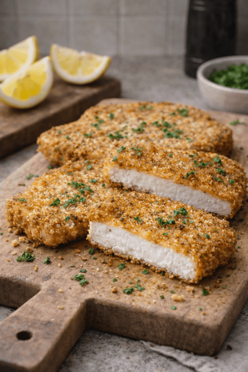 crispy golden puffball schnitzel on a rustic plate
