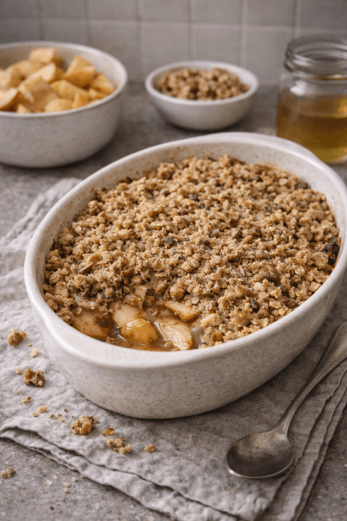 baking dish with golden walnut apple crumble