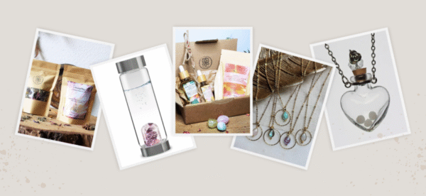 necklace, waterbottle with gemstones, tea, oils