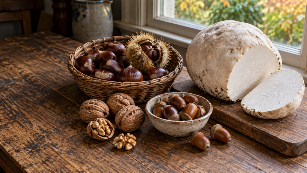 October harvest of sweet chestnuts, walnuts, acorns and a sliced giant puffball on a rustic wooden table.