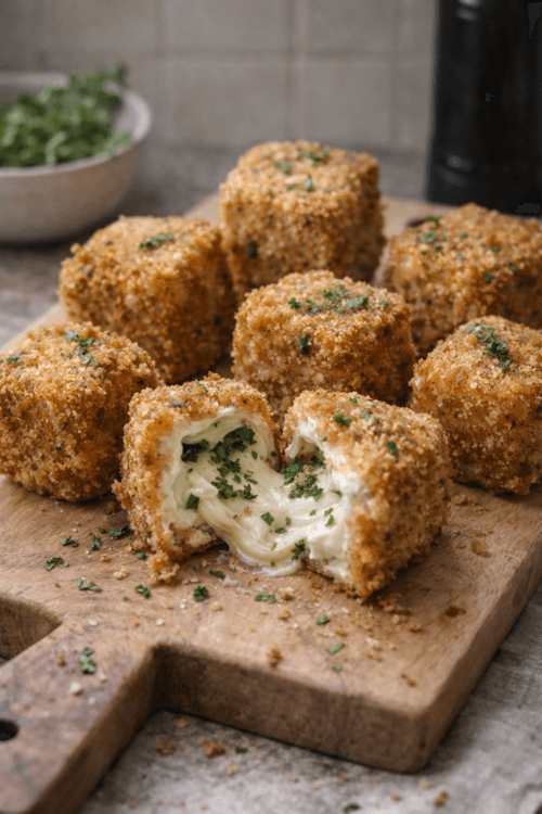 crispy stuffed puffball mushroom cubes on a rustic plate