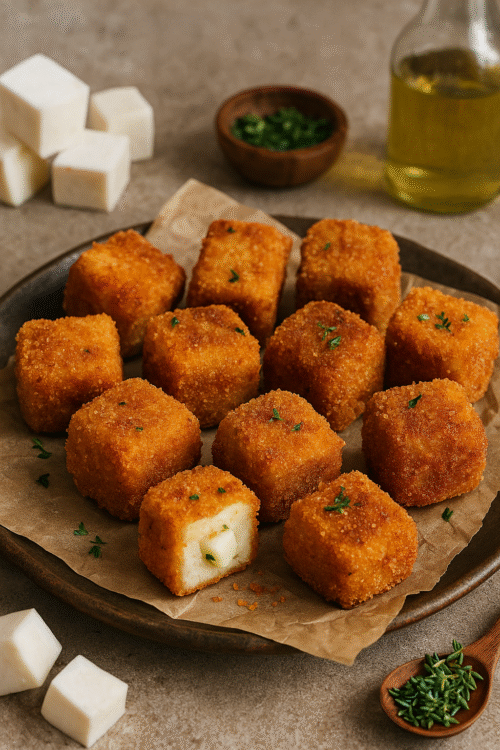 crispy stuffed puffball mushroom cubes on a rustic plate