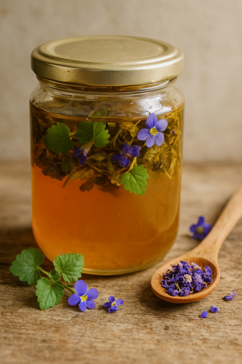 Infused honey with ground ivy and violets
