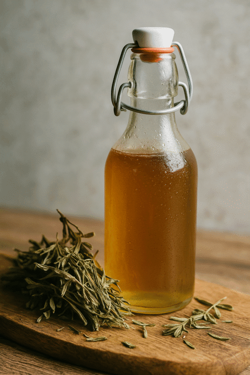 Fragrant sweet woodruff syrup in a glass jar with fresh sprigs on a rustic wooden table