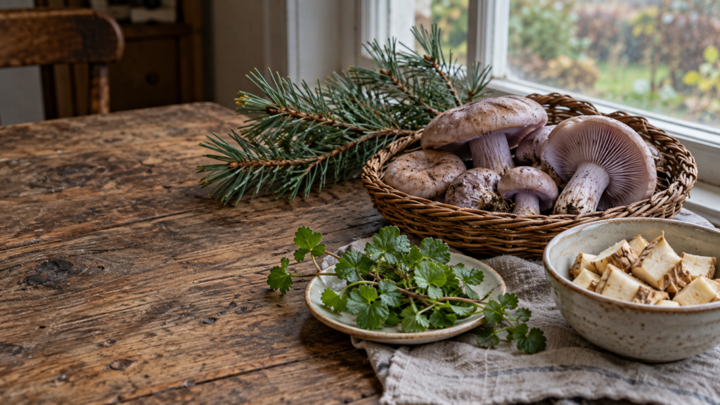 November foraging still life with mushrooms, pine sprigs, green herbs and chopped roots on a rustic wooden table.