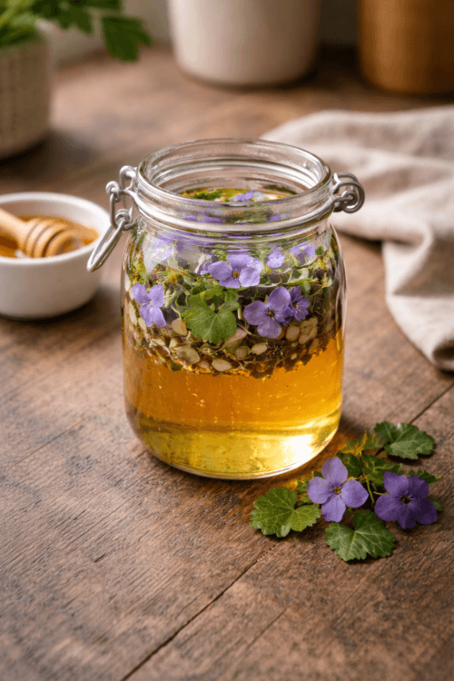 Infused honey with ground ivy and violets