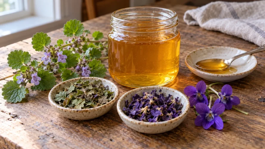 Strained herbal honey beside dried ingredients, flowering ground ivy and violet flowers.