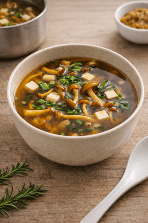 bowl of miso soup with velvet shank mushrooms and green onions