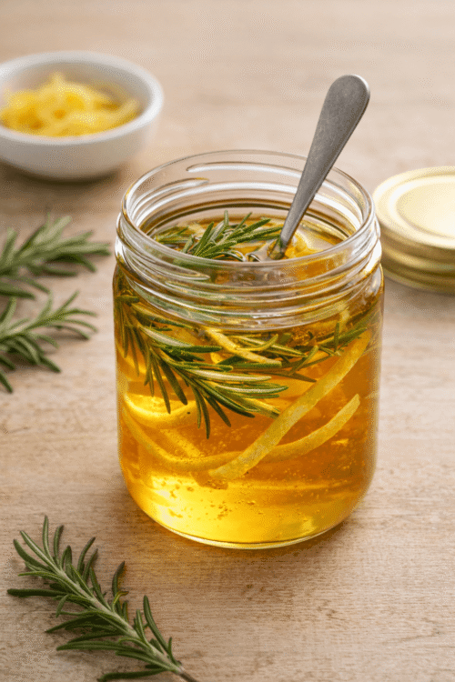 Jar with honey and rosemary