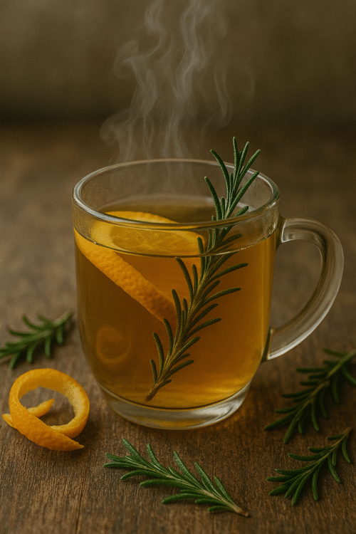 steaming mug of rosemary citrus tea with citrus peel and fresh rosemary