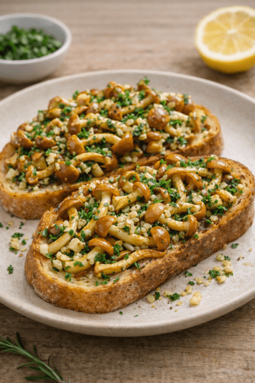 fried velvet shank mushrooms with toasted bread, garlic, butter, and parsley