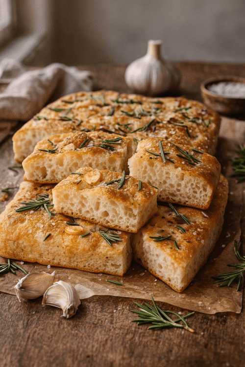 rustic rosemary garlic focaccia on a wooden table