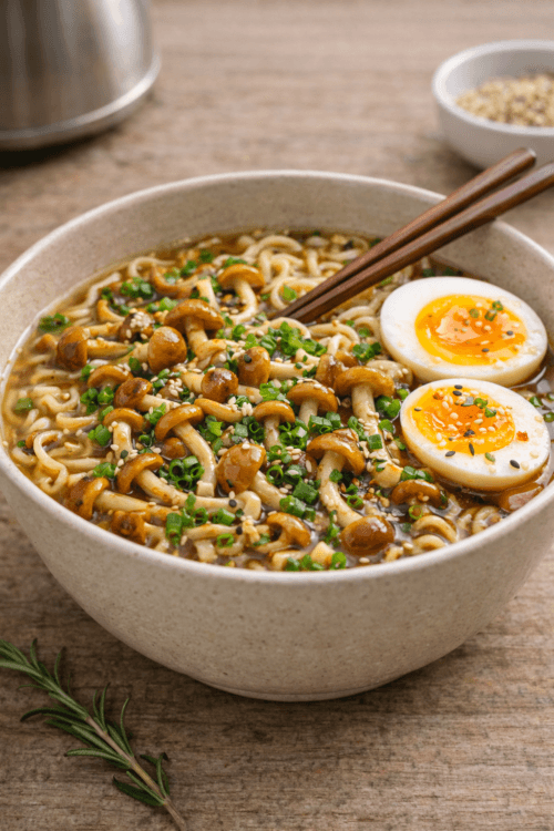 with velvet shank mushrooms and miso ramen
