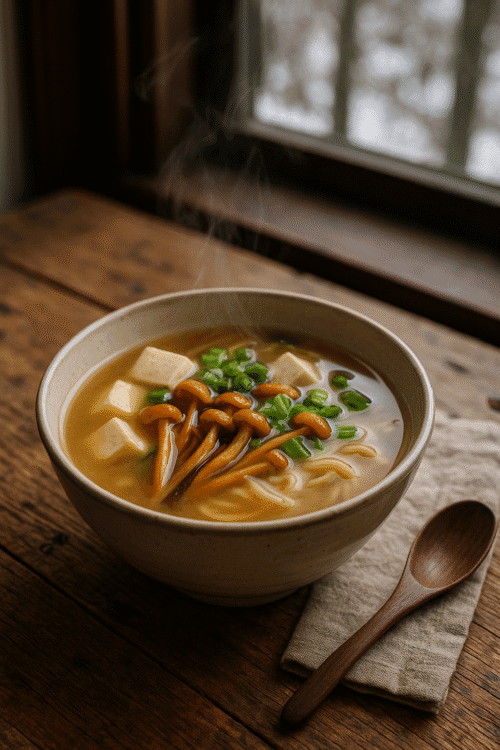 bowl of miso soup with velvet shank mushrooms and green onions