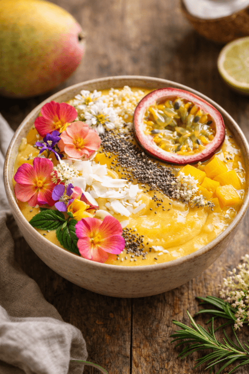 tropical smoothie bowl with mango banana coconut and edible flowers