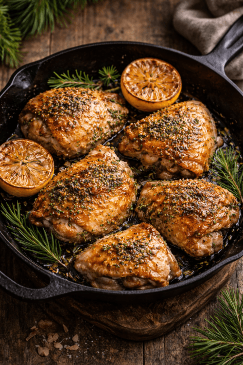 pine tip honey chicken with charred lemon in a cast iron skillet