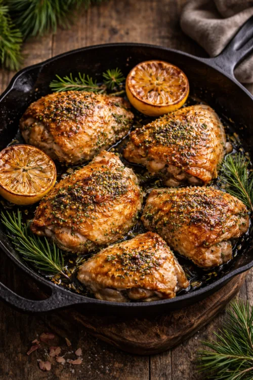 pine tip honey chicken with charred lemon in a cast iron skillet