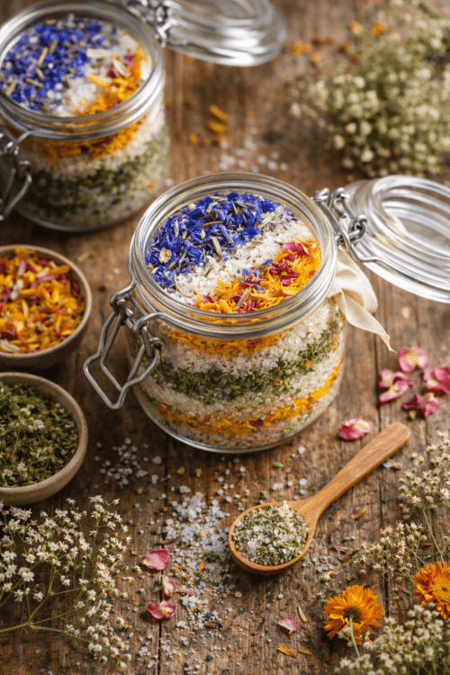 layered wild herb salt with dried flowers in glass jar
