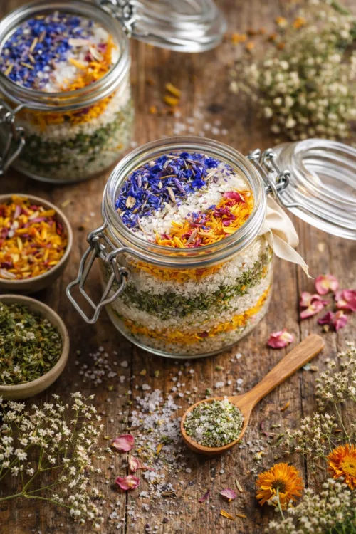 layered wild herb salt with dried flowers in glass jar