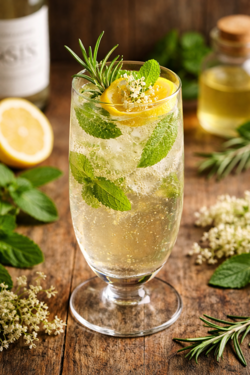 herbal garden cocktail with mint rosemary lemon in sunlight