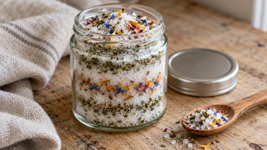 Glass jar of layered herb salt with dried herbs and colourful edible flower petals, beside a wooden spoon.